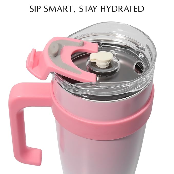 1000ML Insulated Tumbler with Straw & Handle – Pink White Stainless Steel Travel Mug for Hot & Cold Drinks