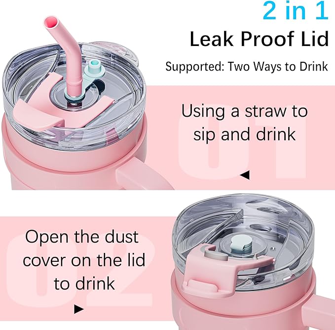 1000ML Insulated Tumbler with Straw & Handle – Pink White Stainless Steel Travel Mug for Hot & Cold Drinks