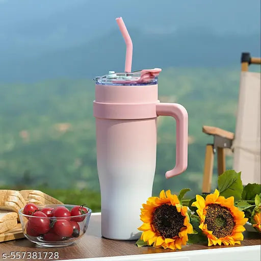 1000ML Insulated Tumbler with Straw & Handle – Pink White Stainless Steel Travel Mug for Hot & Cold Drinks