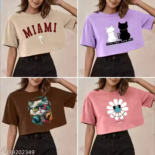 Trendy Fashionista Women Crop T-Shirt Tee Oversized Printed Pack Of 4 Combo