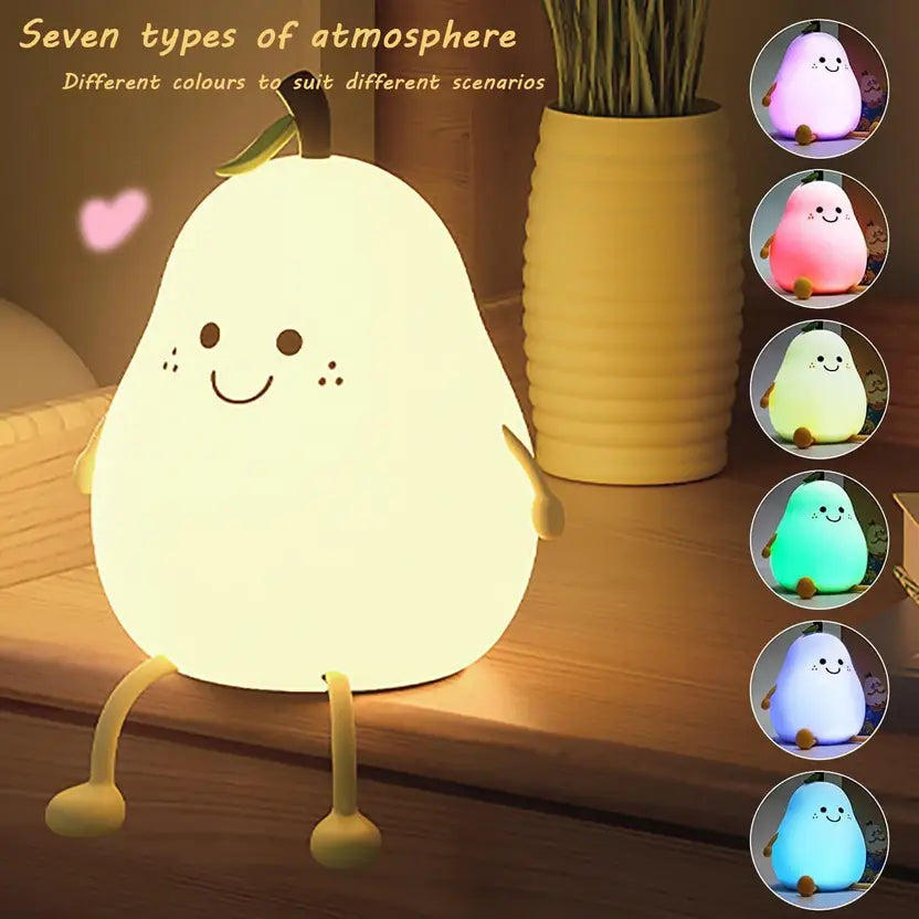 Rechargeable Silicone Pear Night Lamp – 7-Color Touch LED for Gift