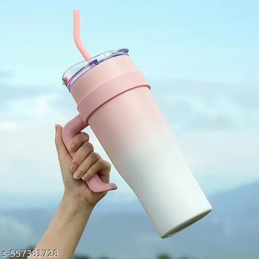 1000ML Insulated Tumbler with Straw & Handle – Pink White Stainless Steel Travel Mug for Hot & Cold Drinks