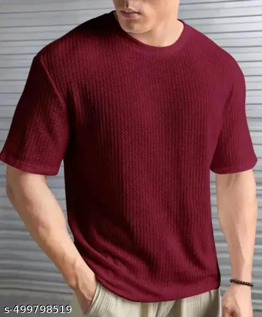 Men’s Popcorn Fabric Round Neck T-Shirt – Soft Textured Regular Fit Tee for Casual Wear