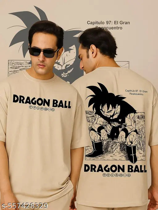 Oversized Anime Printed T-Shirt – Goku Back Print Unisex Cotton Blend Tee for Men & Women | Baggy Fit | Beige Color