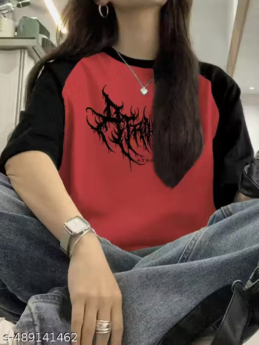 Sixteenlines Graphic Printerd Round Neck Red Colour Raglan Sleeves Oversize T-Shirt