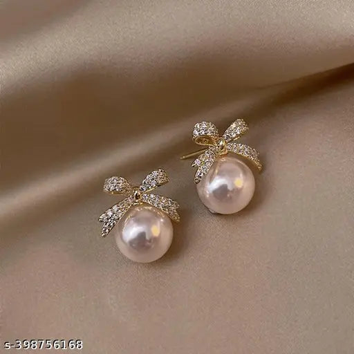Classic Bowknot Rhinestone Pearl Stud Earrings For Women Exquisite Grace Gold Earring Jewelry For Woman & Girls