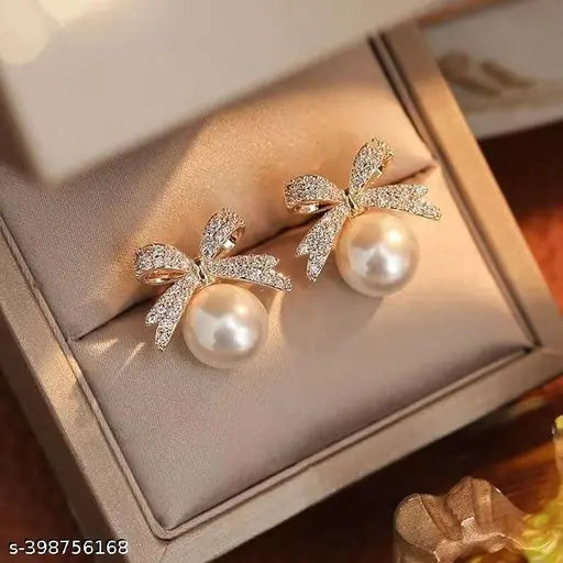 Classic Bowknot Rhinestone Pearl Stud Earrings For Women Exquisite Grace Gold Earring Jewelry For Woman & Girls