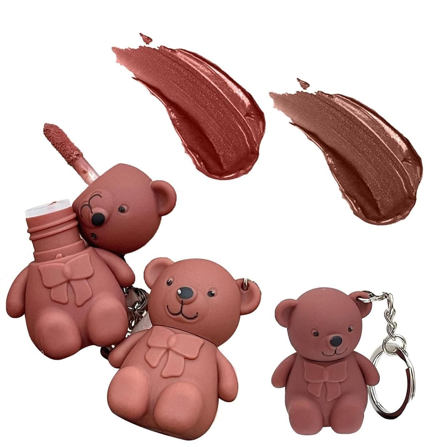 2-in-1 Bear Keychain Matte Lipstick – Pack of 2 Assorted Shades for Girls & Women