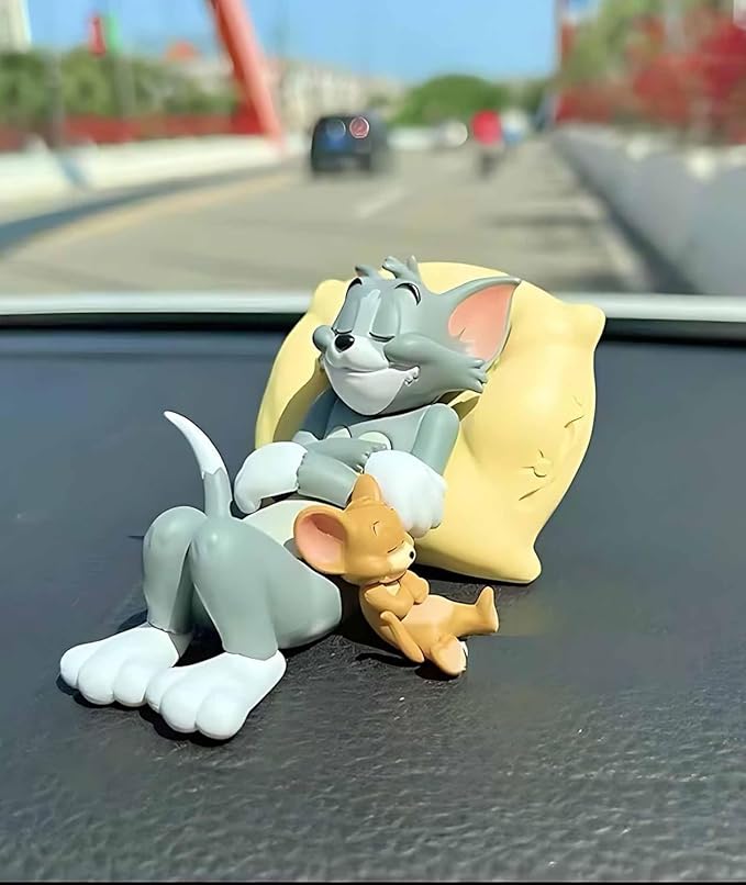 Tom and Jerry Dashboard Decoration – Sleeping Cat & Mouse Figurine with Yellow Cushion