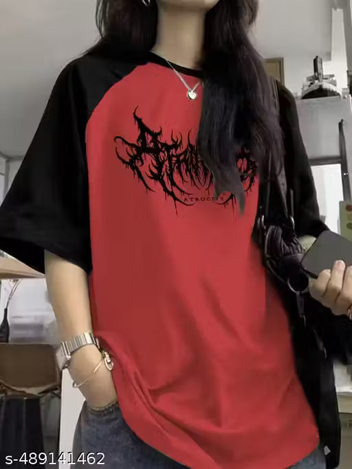 Sixteenlines Graphic Printerd Round Neck Red Colour Raglan Sleeves Oversize T-Shirt