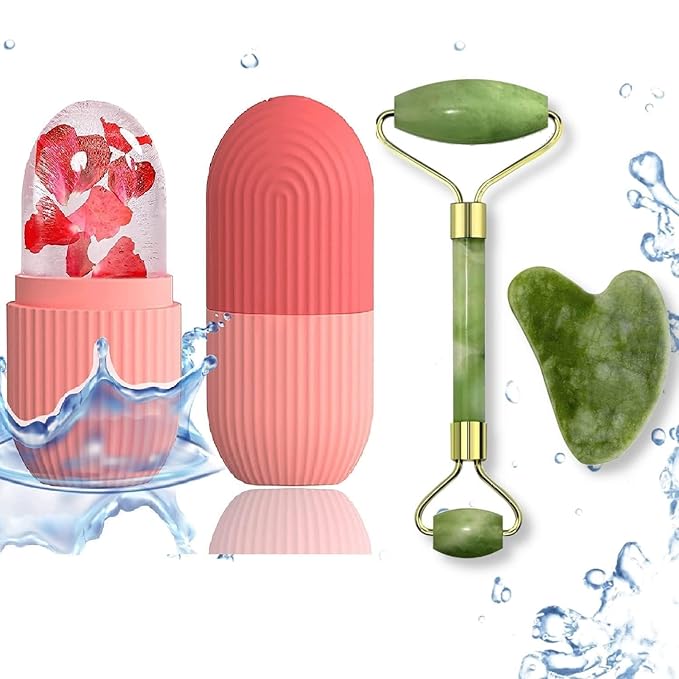 Jade Roller & Gua Sha Set with Ice Face Roller – 100% Natural Stone Facial Massager for Skin, Eyes, Neck & Body – Reusable Beauty Tool for Women & Men