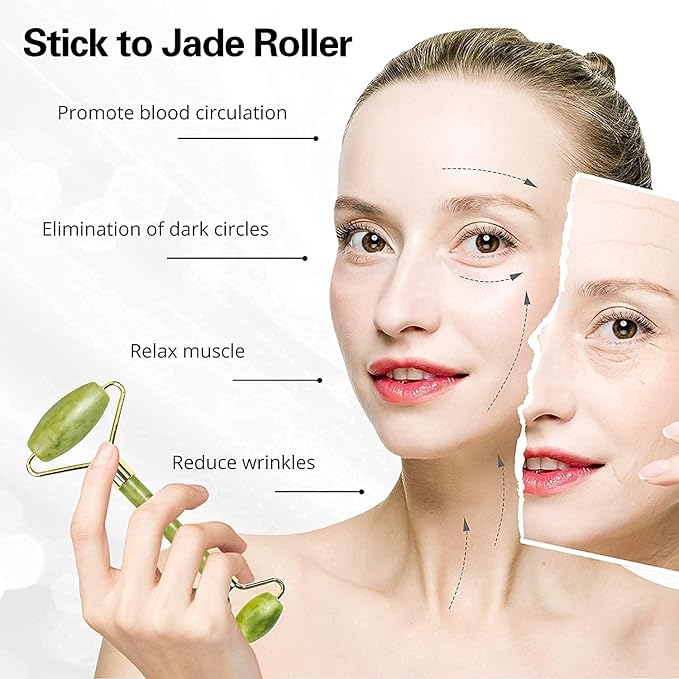 Jade Roller & Gua Sha Set with Ice Face Roller – 100% Natural Stone Facial Massager for Skin, Eyes, Neck & Body – Reusable Beauty Tool for Women & Men