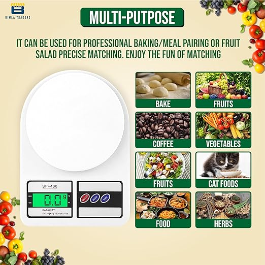 Digital Kitchen Weighing Scale 10kg – LCD Display, Multipurpose Food & Ingredient Scale (White)