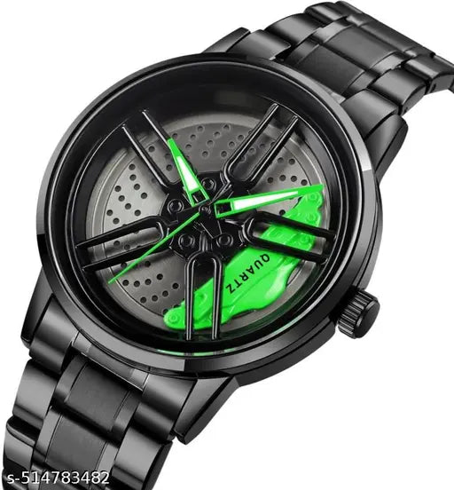 Men's Car Wheel Watch with Spinning Car Rim Hub Design|| Analog Stainless Steel || Quartz Movement|| Water Resistant, Scratch Resistant