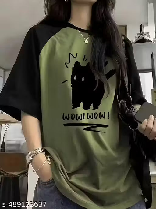 Sixteenlines Graphic Printerd Round Neck Green Colour Raglan Sleeves Oversize T-Shirt