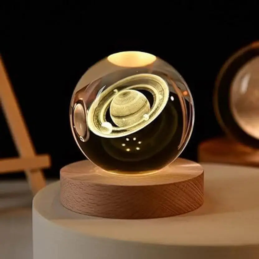 3D Glass Planet Night Lamp – LED Moon & Solar System Light with Touch Base