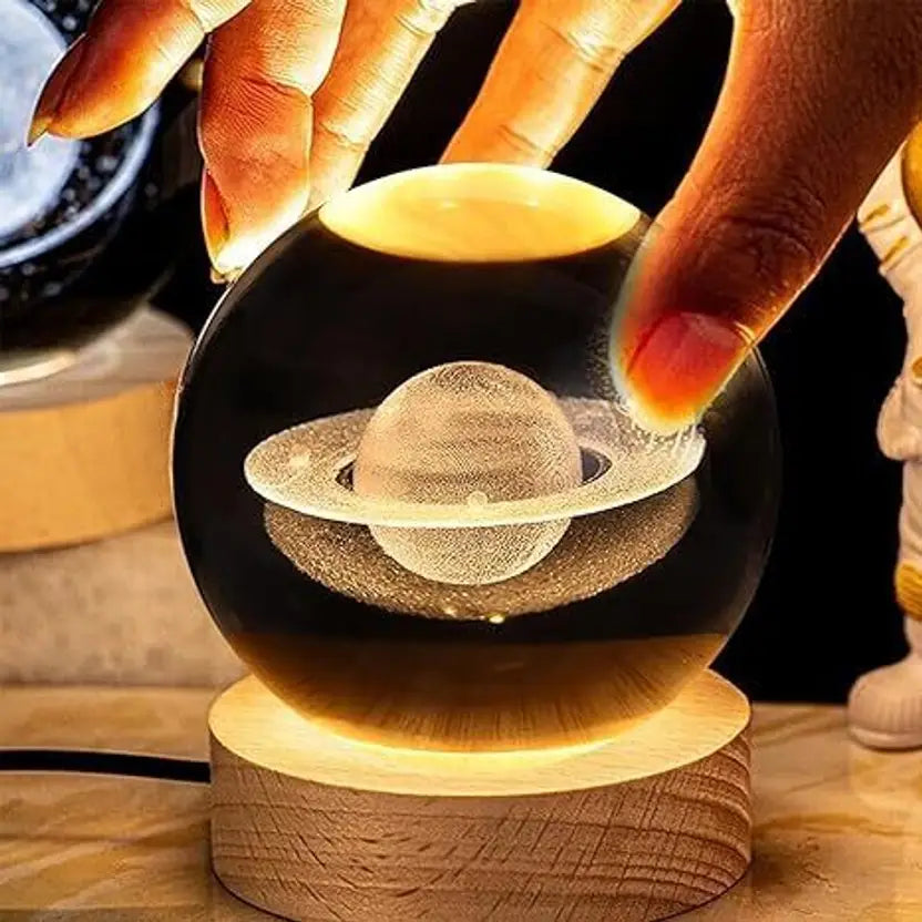3D Glass Planet Night Lamp – LED Moon & Solar System Light with Touch Base