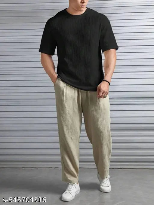 Men's Oversized Waffle Knit T-Shirt – Casual Streetwear Popcorn Fabric Tee | Breathable Textured Cotton Blend | Relaxed Fit for Daily Comfort & Style