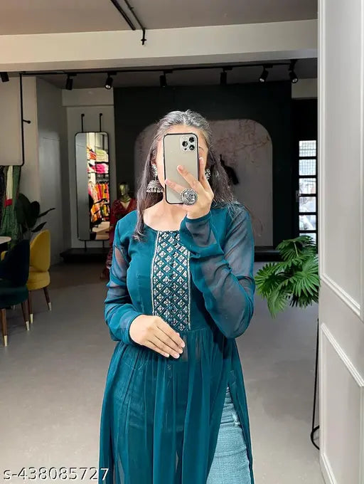 Black Georgette Naira Cut Kurti – Embroidered Party & Office Wear for Women