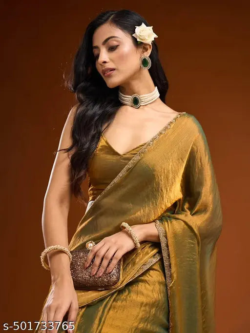 Designer Chiffon Saree – Stone Work & Lace Border | Party & Haldi Wear