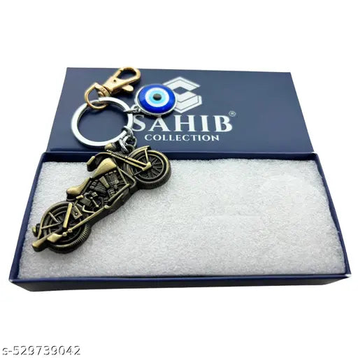 Sports Bike Green with Evil Eye & Golden Hook Metal Keychain for Men Women (Pack-1)