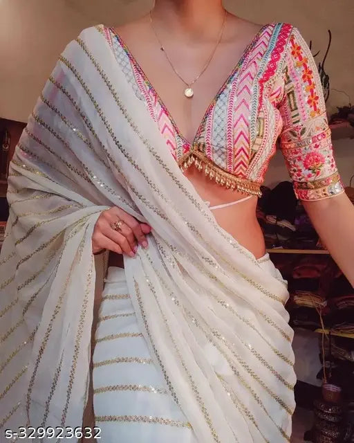 White Designer Party Wear White georgette sequence work saree with heavy designer blouse