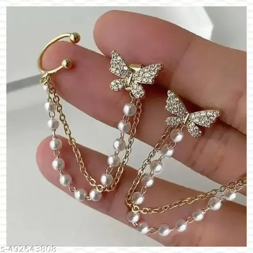 Nehdal Korean Pearl Chain Ear Cuff Stud Earrings For Women/Girls