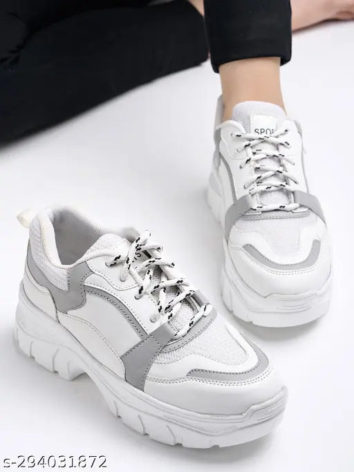 Lace-Up Grey Chunky Sneakers for Women | Stylish Platform Casual Shoes | Trendy Streetwear Footwear