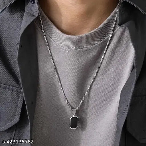 Men's Stainless Steel Black Rectangular Locket Necklace Modern Design