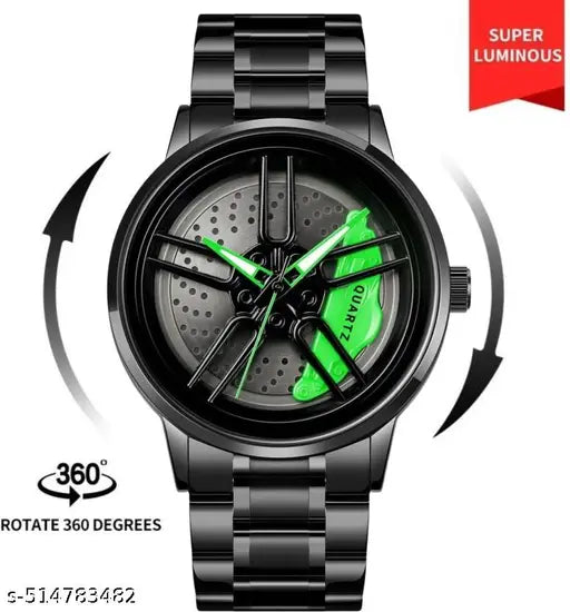 Men's Car Wheel Watch with Spinning Car Rim Hub Design|| Analog Stainless Steel || Quartz Movement|| Water Resistant, Scratch Resistant