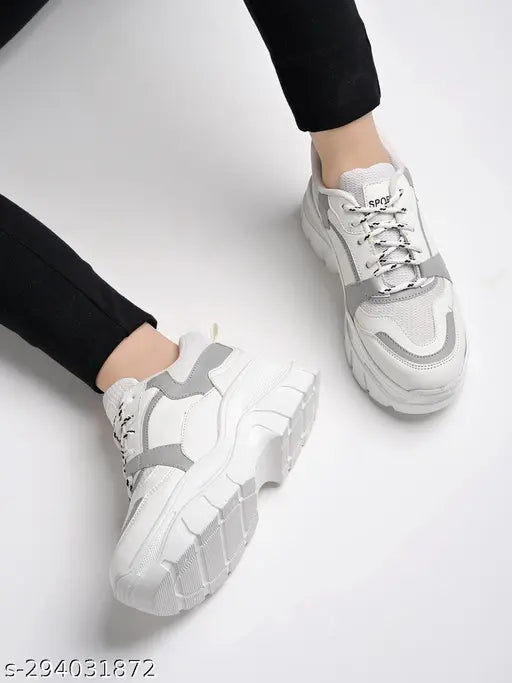 Lace-Up Grey Chunky Sneakers for Women | Stylish Platform Casual Shoes | Trendy Streetwear Footwear