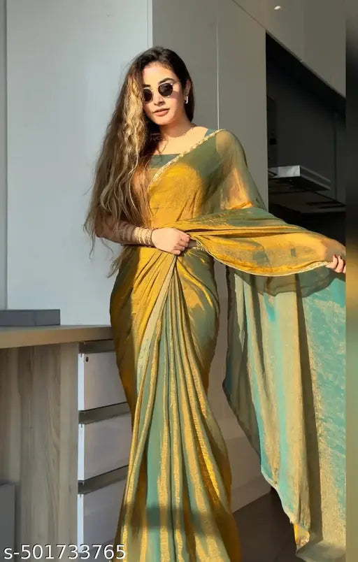 Designer Chiffon Saree – Stone Work & Lace Border | Party & Haldi Wear