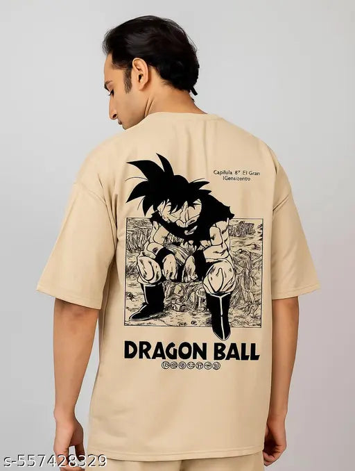 Oversized Anime Printed T-Shirt – Goku Back Print Unisex Cotton Blend Tee for Men & Women | Baggy Fit | Beige Color