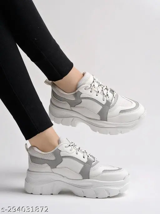 Lace-Up Grey Chunky Sneakers for Women | Stylish Platform Casual Shoes | Trendy Streetwear Footwear