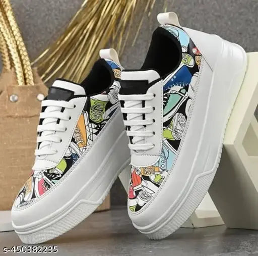 Women’s Printed Lightweight White Sneakers | Trendy Casual Shoes for Girls | Stylish & Comfortable Everyday Footwear