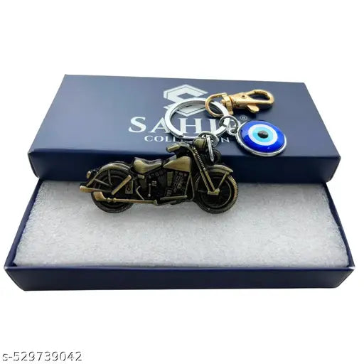 Sports Bike Green with Evil Eye & Golden Hook Metal Keychain for Men Women (Pack-1)