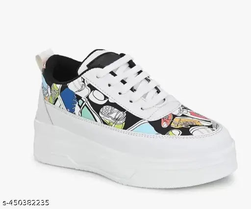 Women’s Printed Lightweight White Sneakers | Trendy Casual Shoes for Girls | Stylish & Comfortable Everyday Footwear
