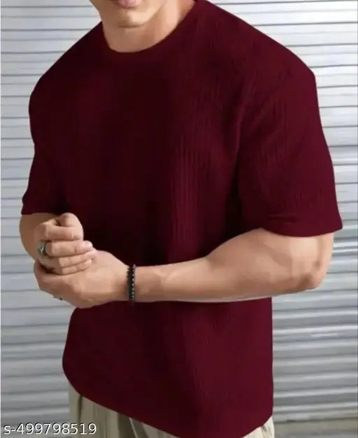 Men’s Popcorn Fabric Round Neck T-Shirt – Soft Textured Regular Fit Tee for Casual Wear