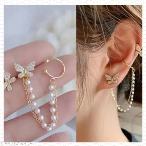 Nehdal Korean Pearl Chain Ear Cuff Stud Earrings For Women/Girls