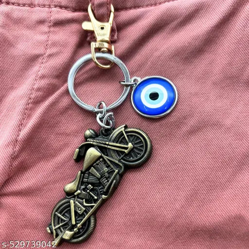Sports Bike Green with Evil Eye & Golden Hook Metal Keychain for Men Women (Pack-1)