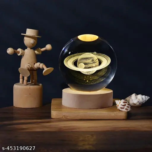 3D Glass Planet Night Lamp – LED Moon & Solar System Light with Touch Base