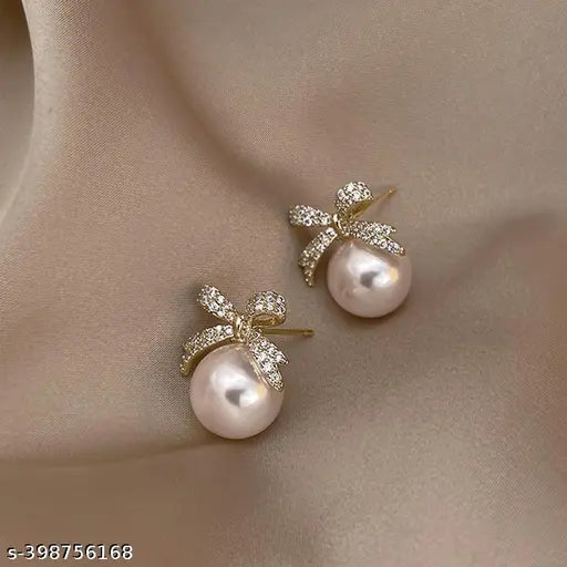 Classic Bowknot Rhinestone Pearl Stud Earrings For Women Exquisite Grace Gold Earring Jewelry For Woman & Girls