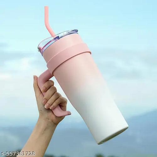 1000ML Insulated Tumbler with Straw & Handle – Pink White Stainless Steel Travel Mug for Hot & Cold Drinks