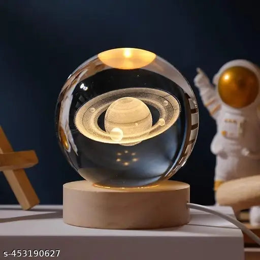 3D Glass Planet Night Lamp – LED Moon & Solar System Light with Touch Base
