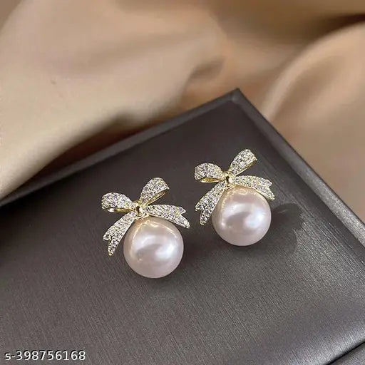 Classic Bowknot Rhinestone Pearl Stud Earrings For Women Exquisite Grace Gold Earring Jewelry For Woman & Girls