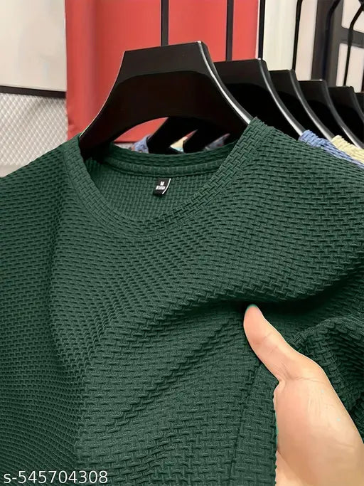 Men's Oversized Waffle Knit T-Shirt – Casual Streetwear Popcorn Fabric Tee | Breathable Textured Cotton Blend | Relaxed Fit for Daily Comfort & Style
