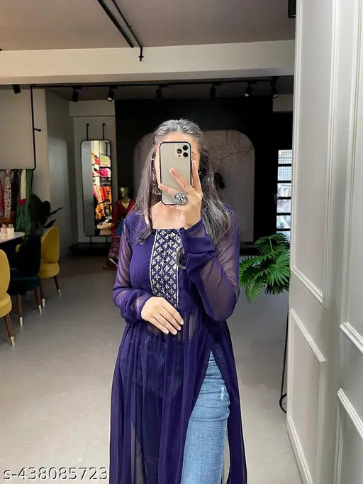Black Georgette Naira Cut Kurti – Embroidered Party & Office Wear for Women